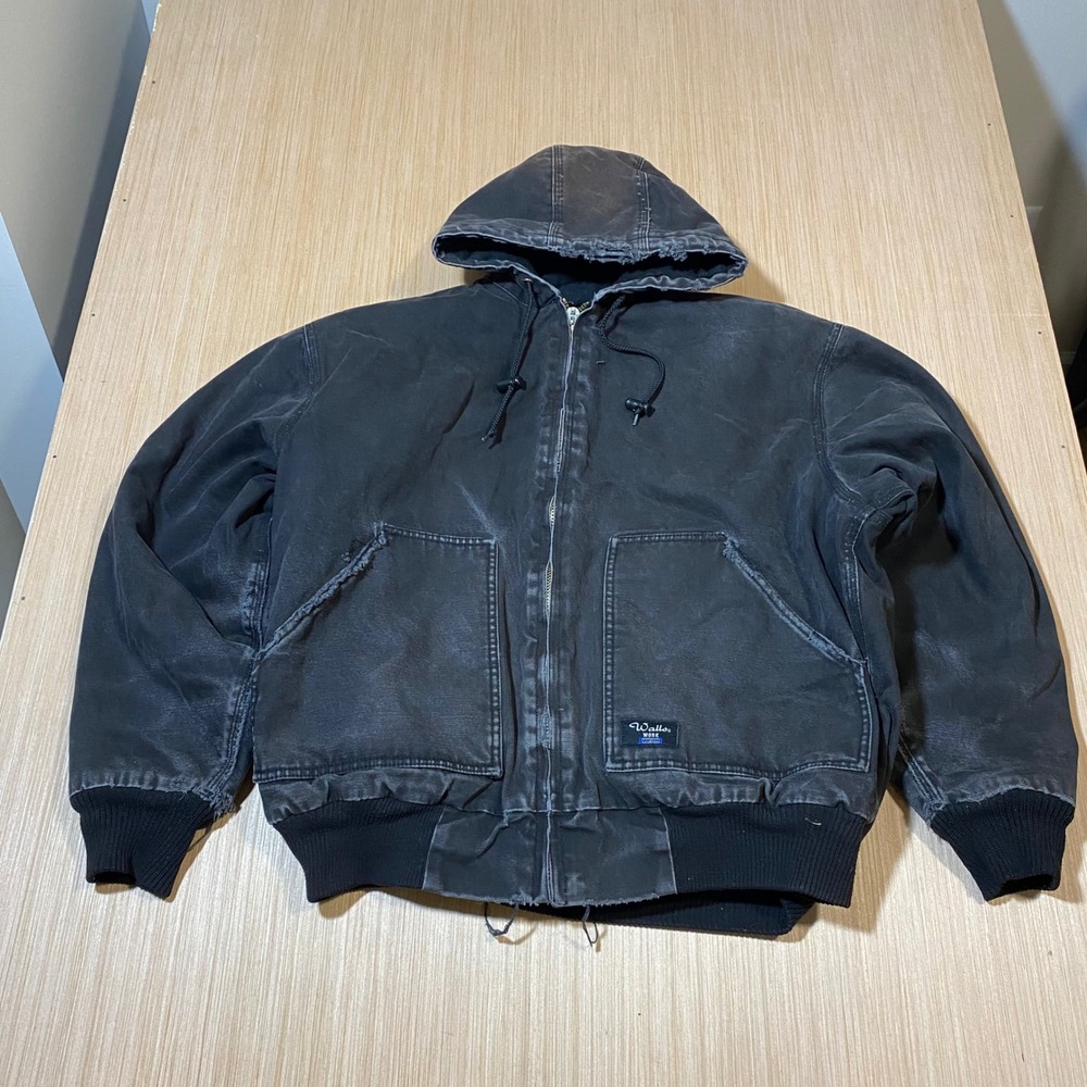 Walls Workwear Hooded Bomber Jacket Faded Black Duck Canvas Distressed Mens L